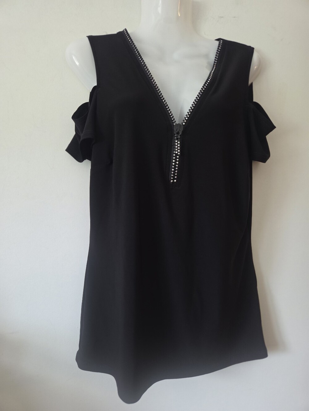 Frank Lyman Black Cold-Shoulder Top with Rhinestone Zip Detail